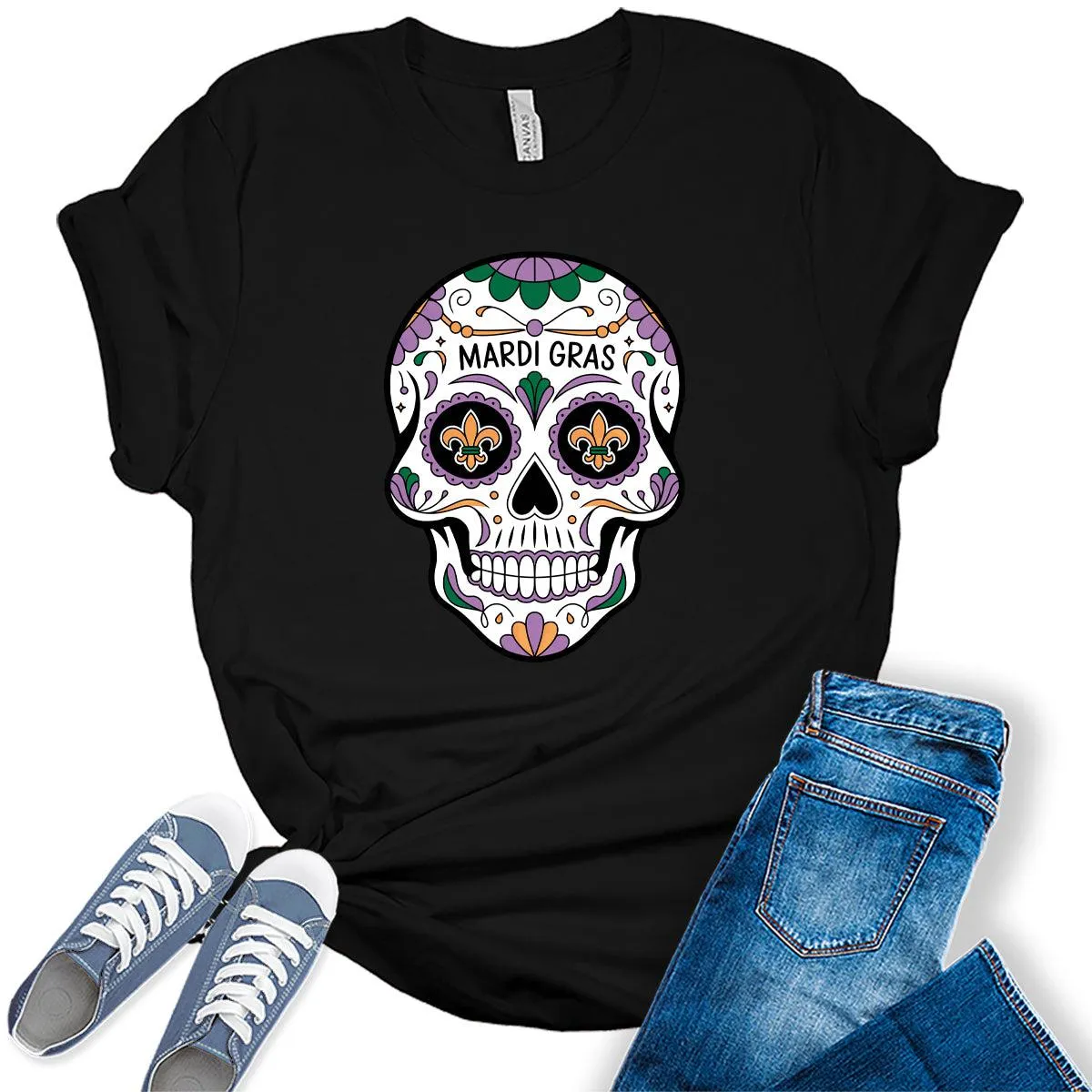 Women's Mardi Gras Shirt Cute Sugar Skull Graphic Tees