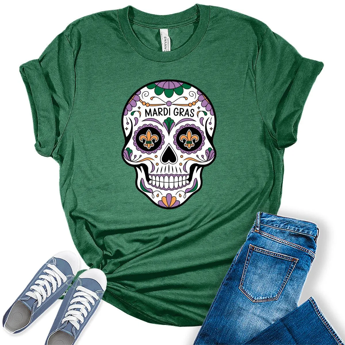 Women's Mardi Gras Shirt Cute Sugar Skull Graphic Tees