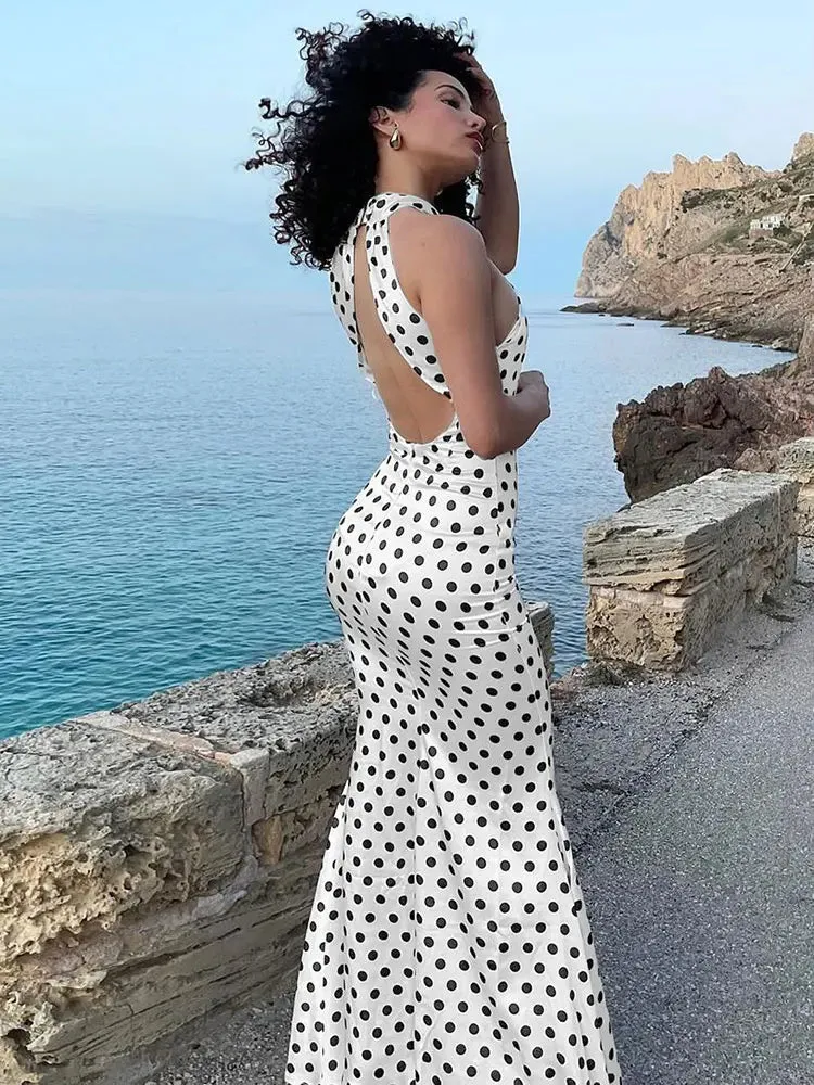 Women's Wedding Mermaid Maxi Dress with Polka Dot Halter