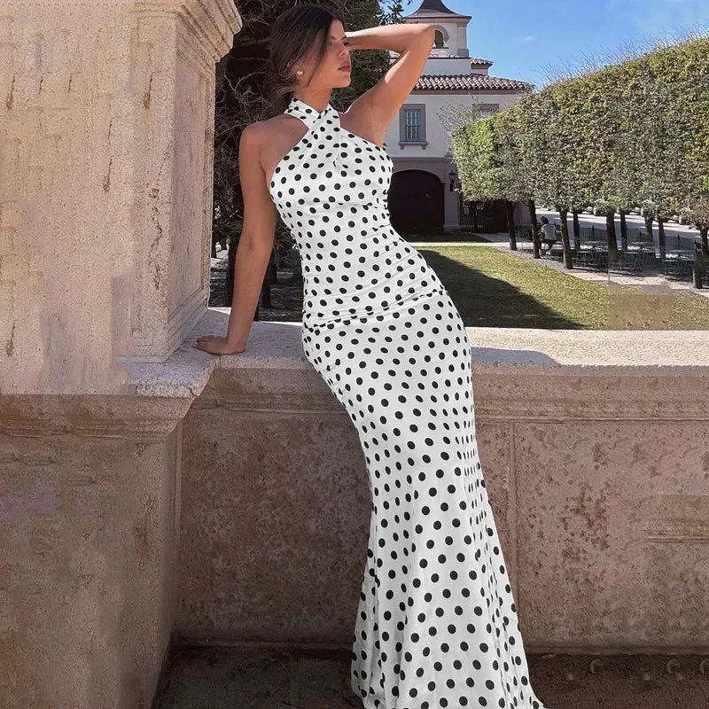 Women's Wedding Mermaid Maxi Dress with Polka Dot Halter