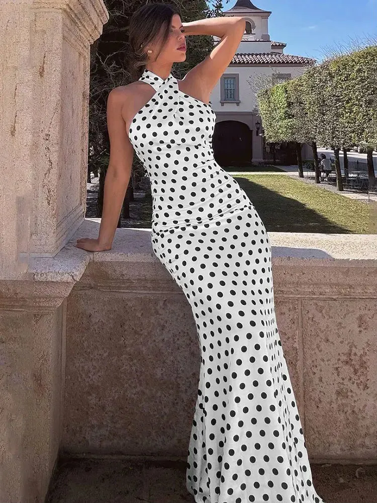 Women's Wedding Mermaid Maxi Dress with Polka Dot Halter