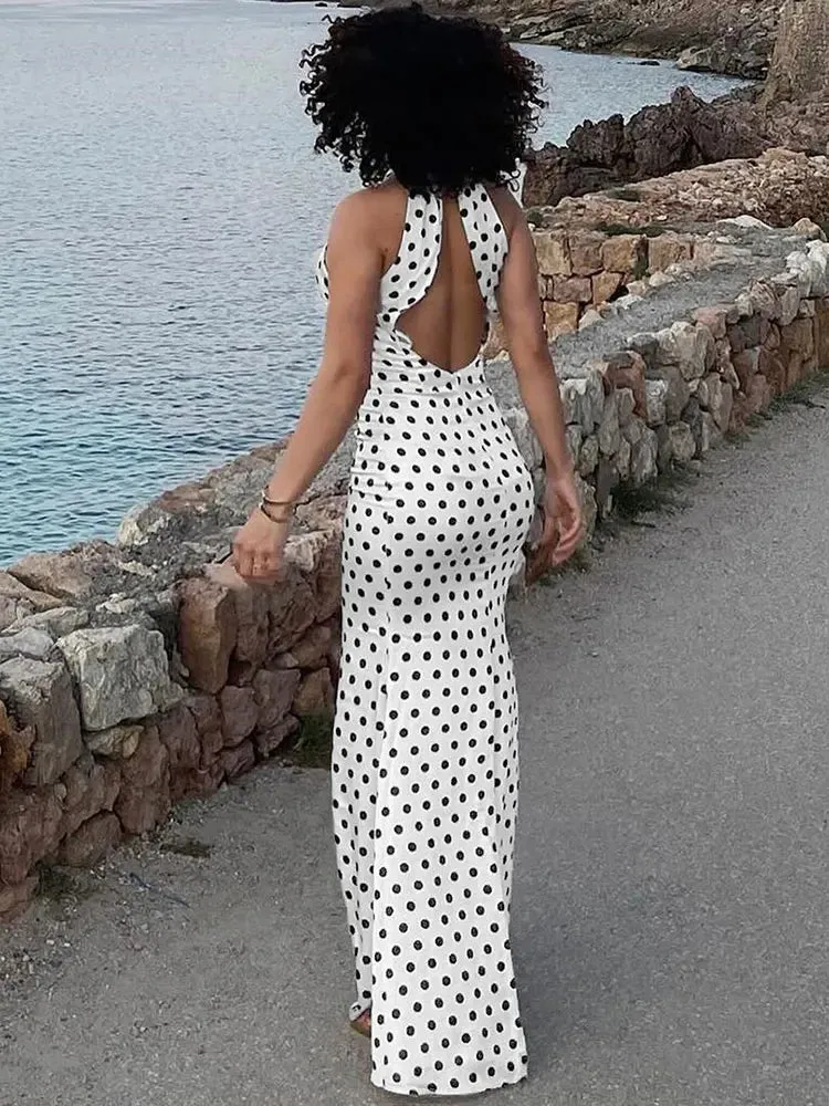 Women's Wedding Mermaid Maxi Dress with Polka Dot Halter