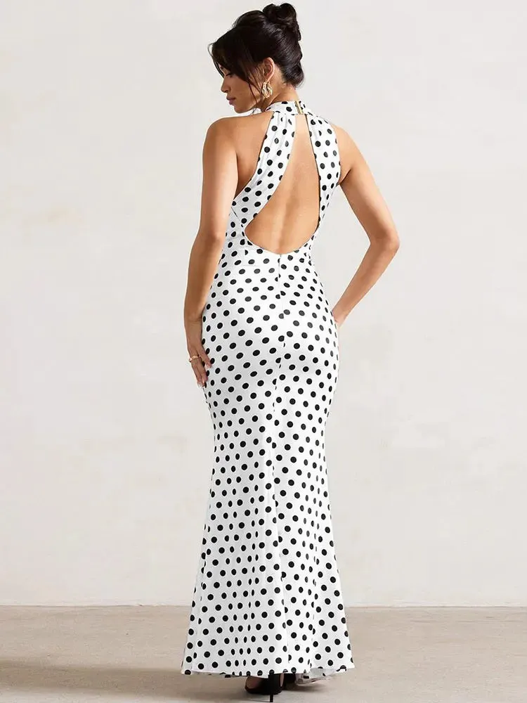 Women's Wedding Mermaid Maxi Dress with Polka Dot Halter